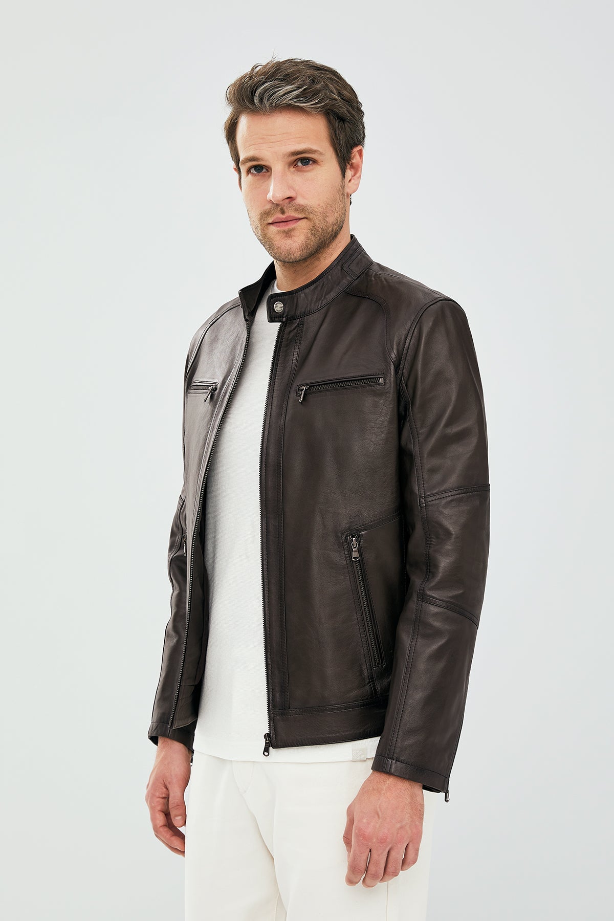 Torque – Men's Dark Brown Leather Cafe Racer Jacket with Dual Chest Zip Pockets