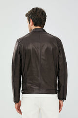 Torque – Men's Dark Brown Leather Cafe Racer Jacket with Dual Chest Zip Pockets