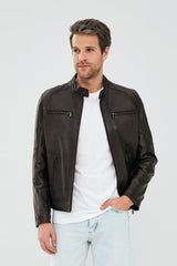 Torque – Men's Dark Brown Leather Cafe Racer Jacket with Dual Chest Zip Pockets