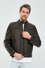 Torque – Men's Dark Brown Leather Cafe Racer Jacket with Dual Chest Zip Pockets