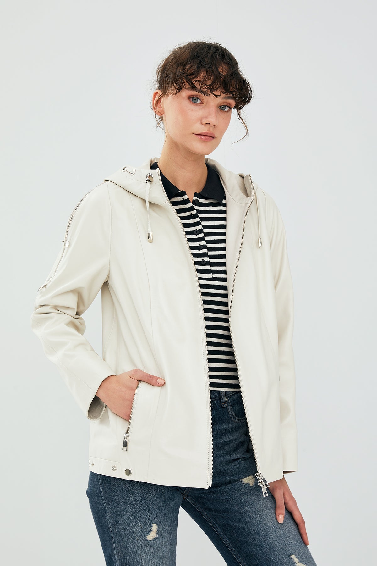 Harbour – Women's Cream Leather Hooded Jacket with Silver Hardware & Eyelet Detail