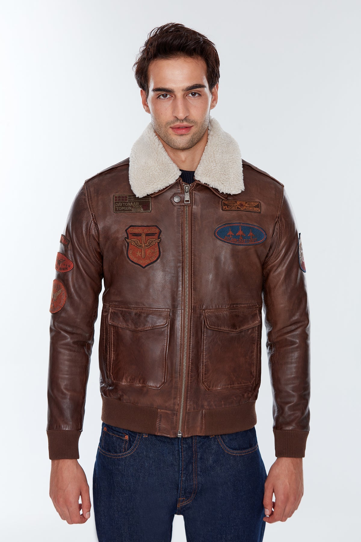 Wingman – Men's Brown Leather Flight Bomber Jacket with Shearling Collar & Embroidered Patches