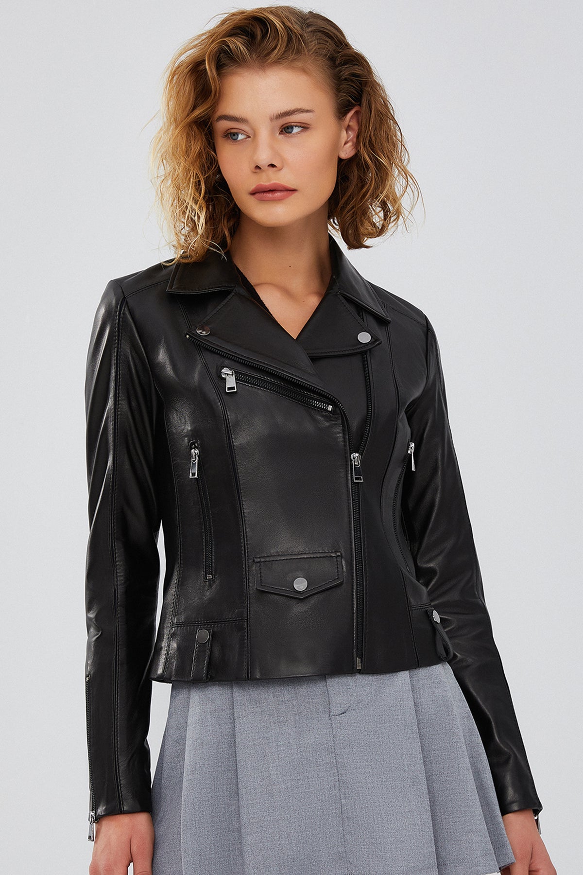 Reeve – Women's Black Leather Biker Jacket with Lapel Collar & Silver Hardware
