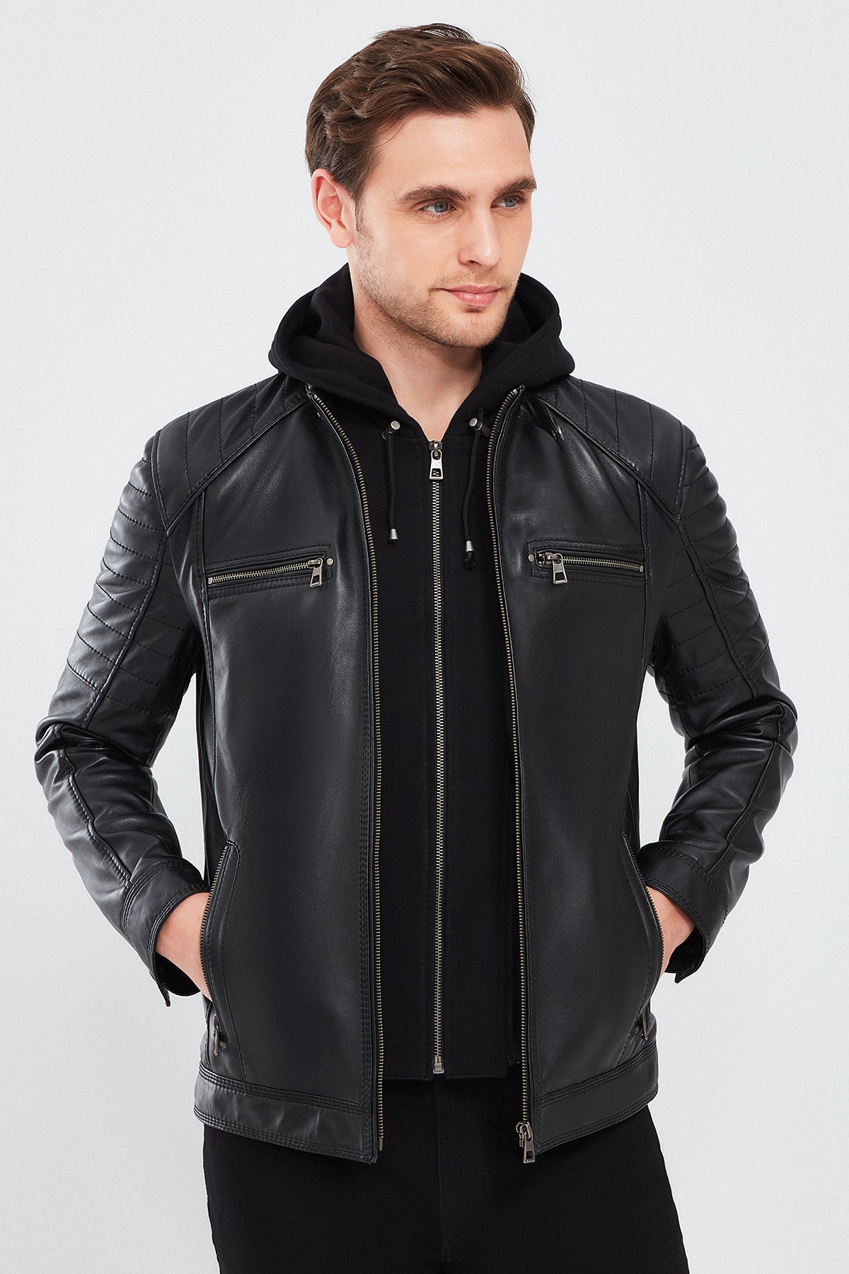 Circuit – Men's Black Leather Biker Jacket with Quilted Shoulders & Detachable Hood