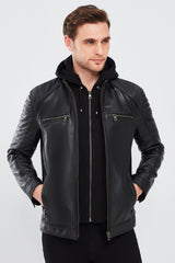 Circuit – Men's Black Leather Biker Jacket with Quilted Shoulders & Detachable Hood