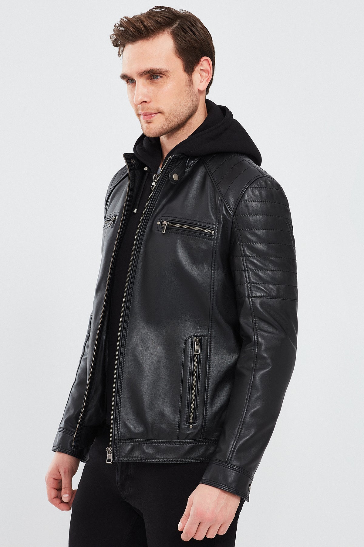 Circuit – Men's Black Leather Biker Jacket with Quilted Shoulders & Detachable Hood