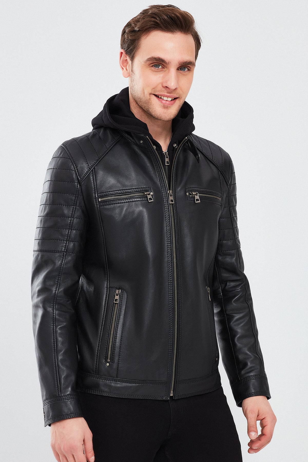 Circuit – Men's Black Leather Biker Jacket with Quilted Shoulders & Detachable Hood