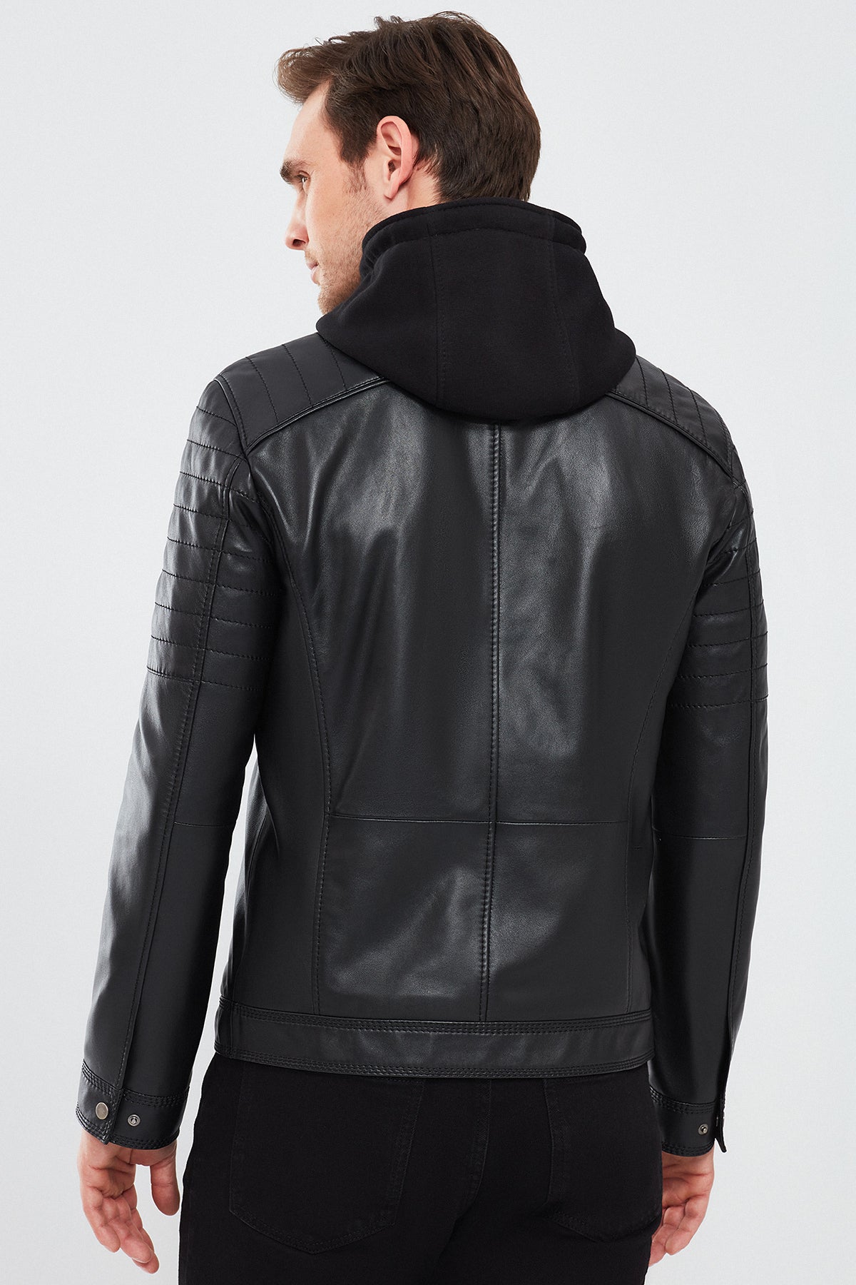 Circuit – Men's Black Leather Biker Jacket with Quilted Shoulders & Detachable Hood
