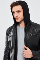 Circuit – Men's Black Leather Biker Jacket with Quilted Shoulders & Detachable Hood