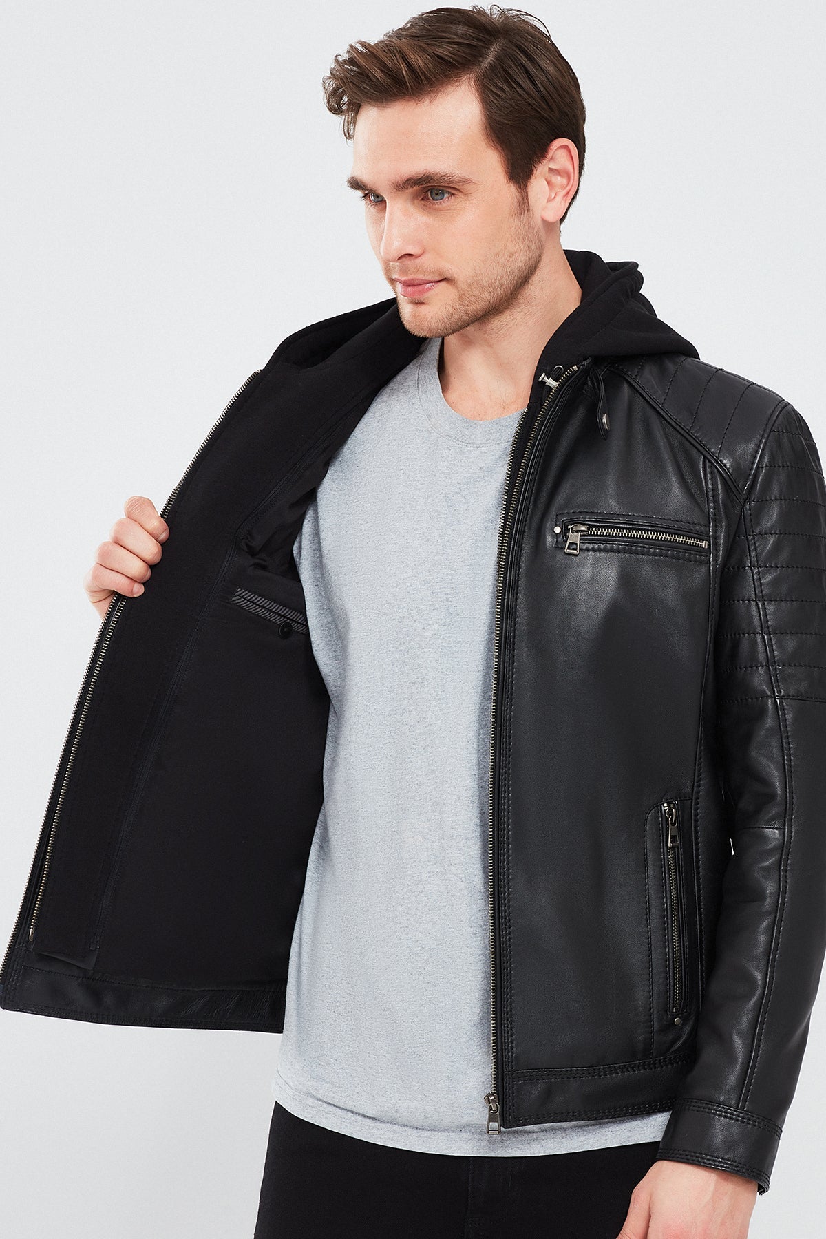 Circuit – Men's Black Leather Biker Jacket with Quilted Shoulders & Detachable Hood