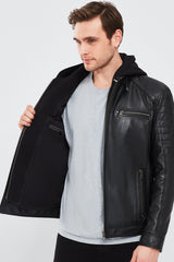 Circuit – Men's Black Leather Biker Jacket with Quilted Shoulders & Detachable Hood