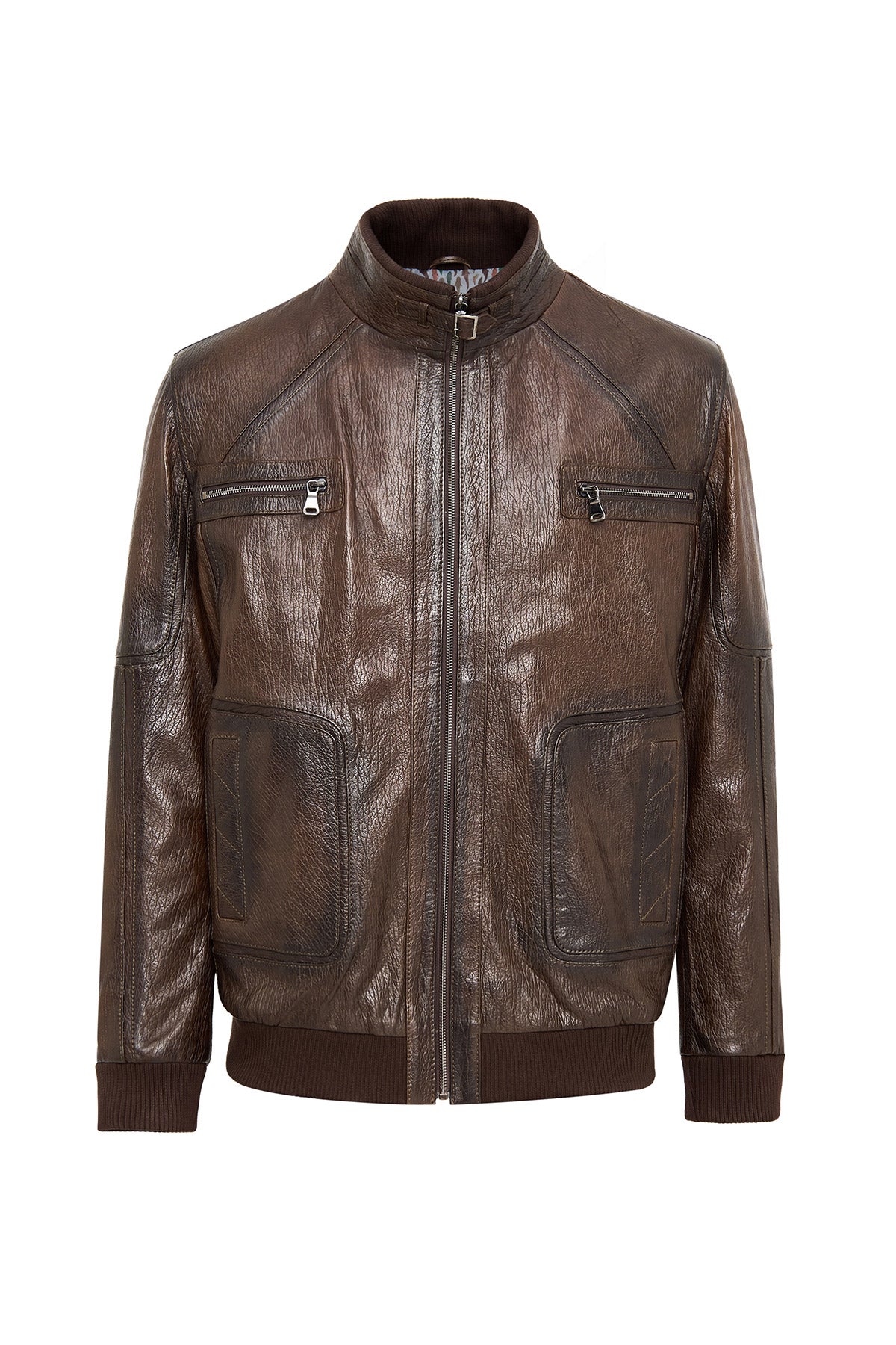 Felix – Men's Brown Grained Leather Bomber Jacket with Ribbed Trim & Multi-Pocket Design