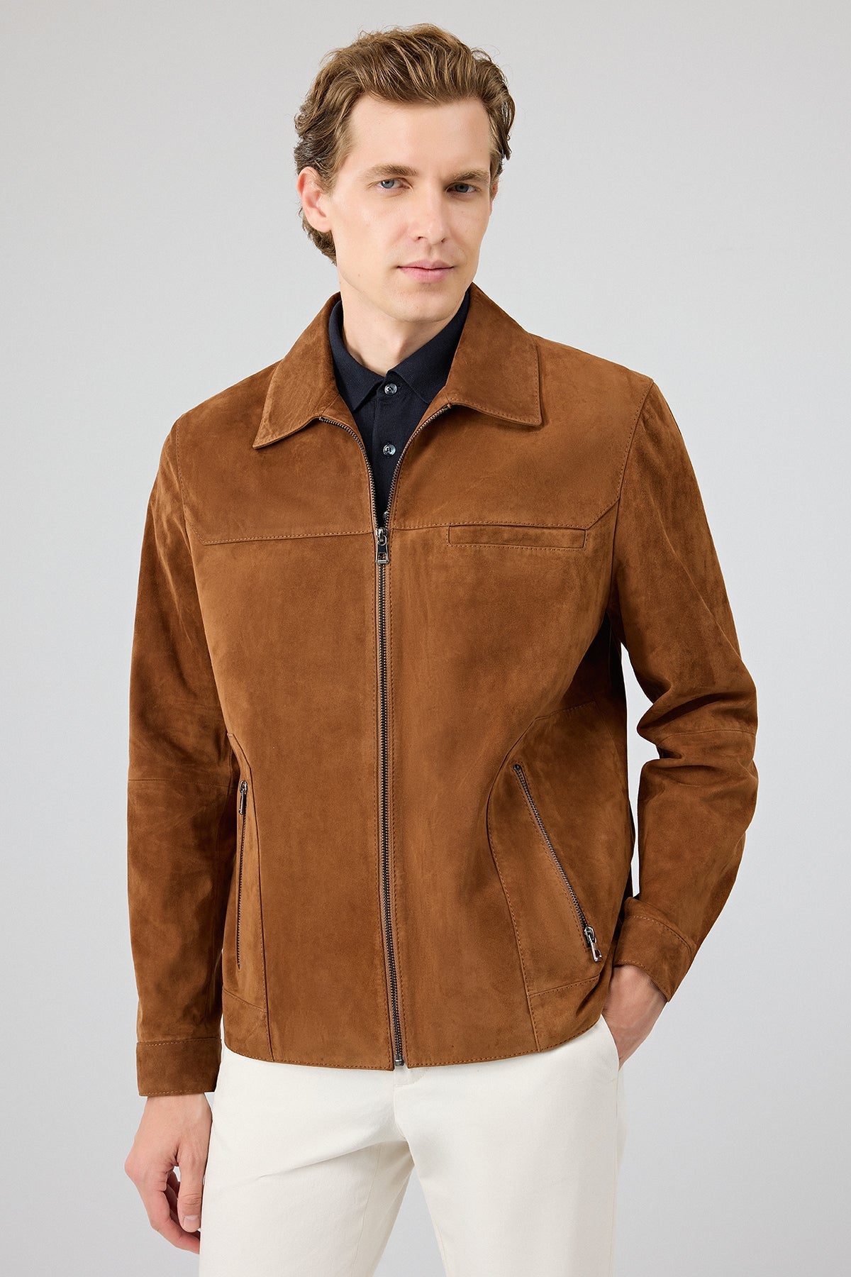 Cayo – Men's Tan Suede Leather Harrington Jacket with Side Zip Pockets
