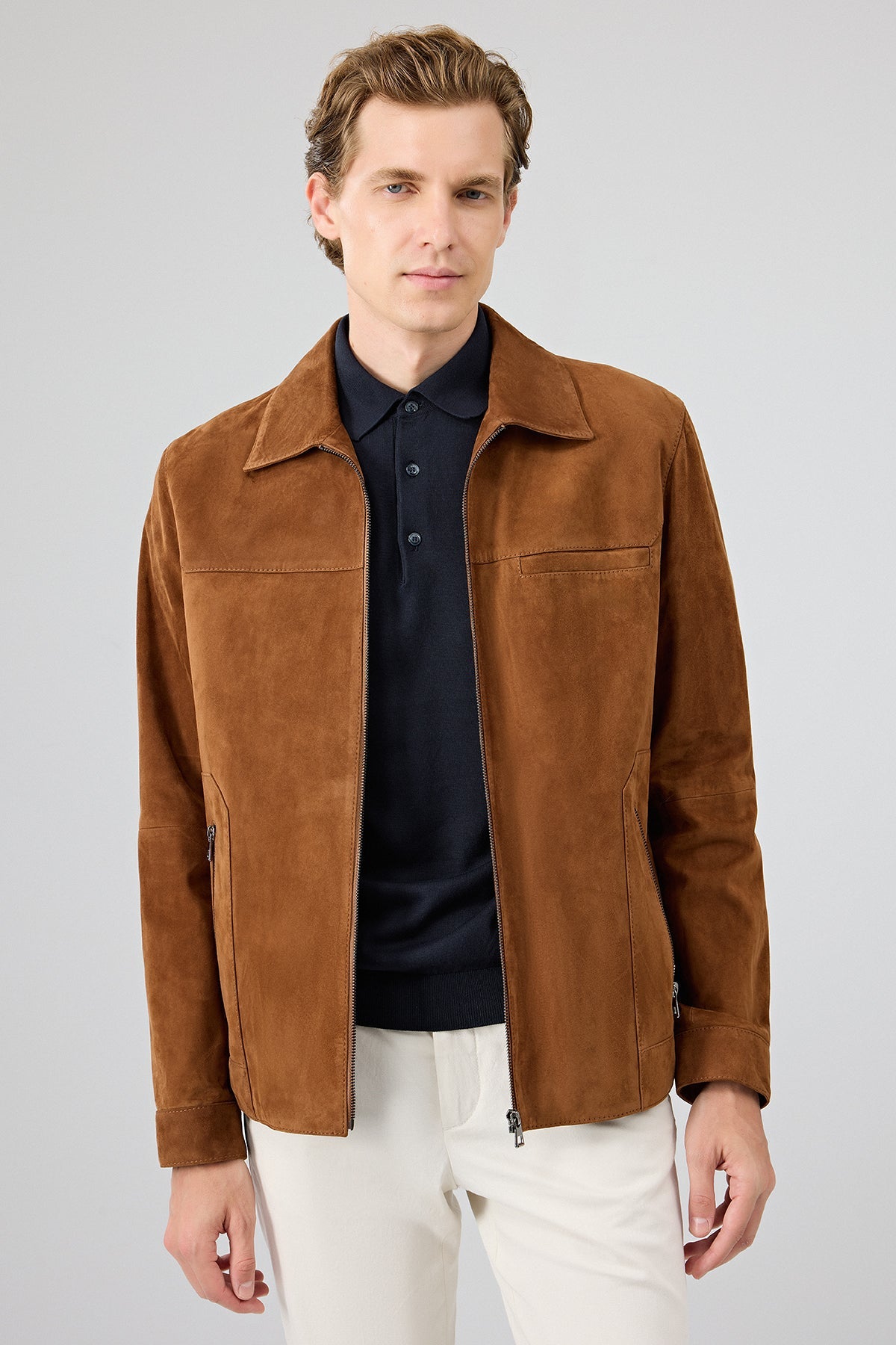 Cayo – Men's Tan Suede Leather Harrington Jacket with Side Zip Pockets