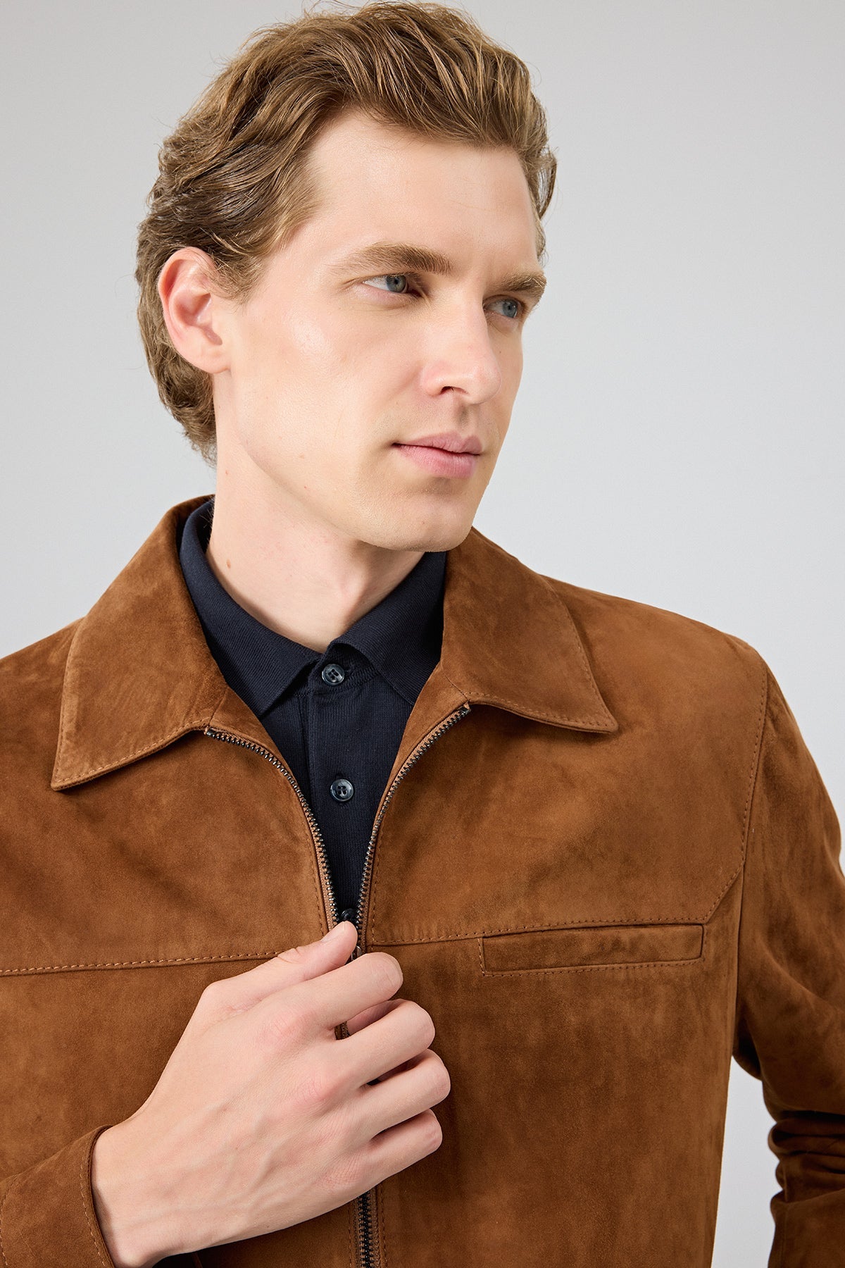 Cayo – Men's Tan Suede Leather Harrington Jacket with Side Zip Pockets