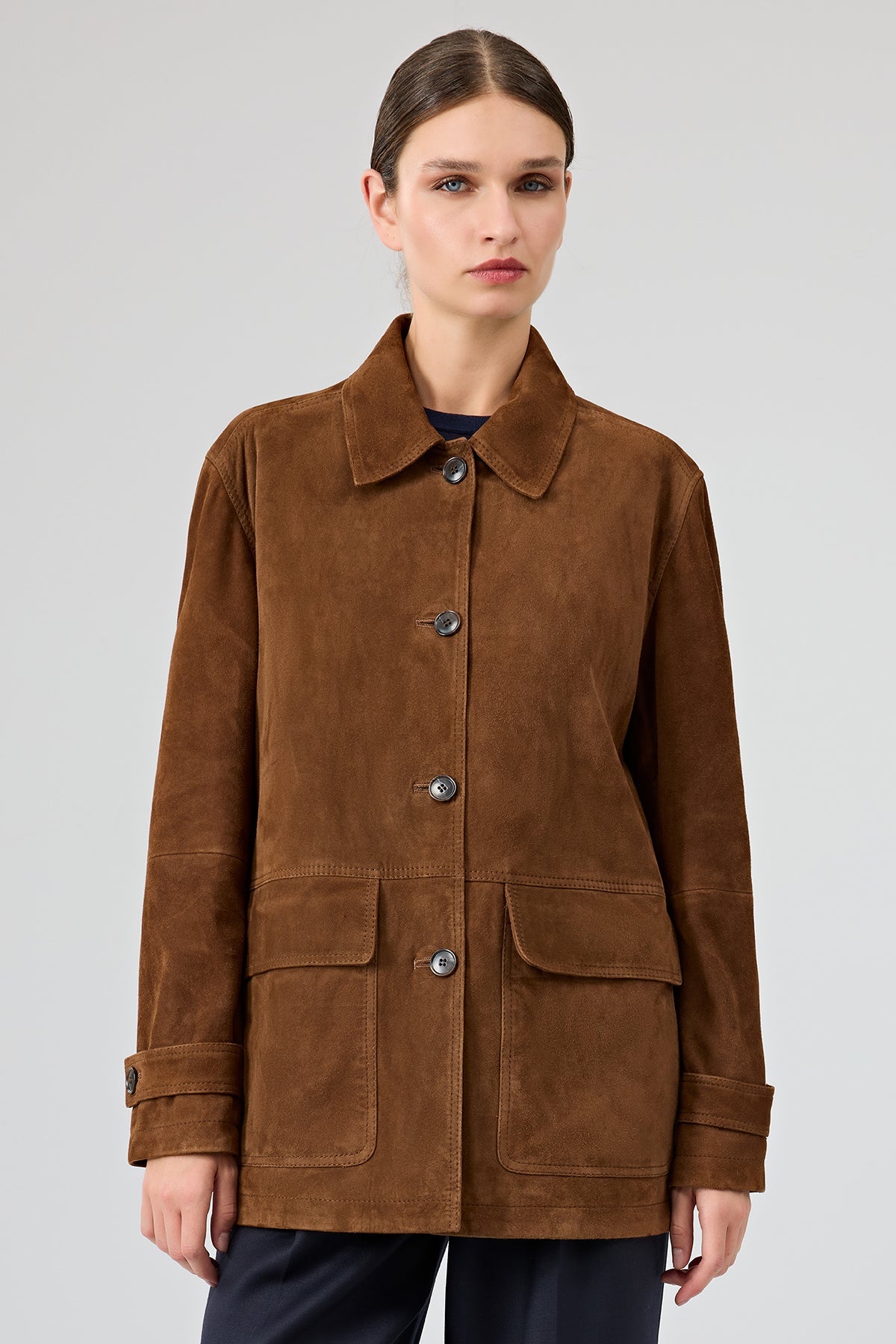 Ranger – Women's Tan Suede Leather Overshirt Long Jacket with Large Flap Pockets