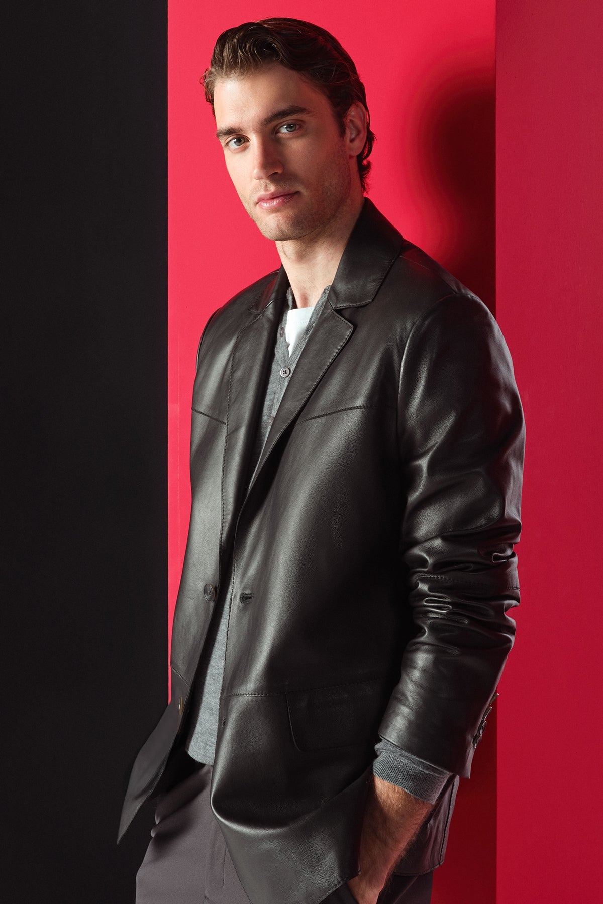 Regent – Men's Black Leather Blazer Jacket with Notch Lapel & Flap Pockets