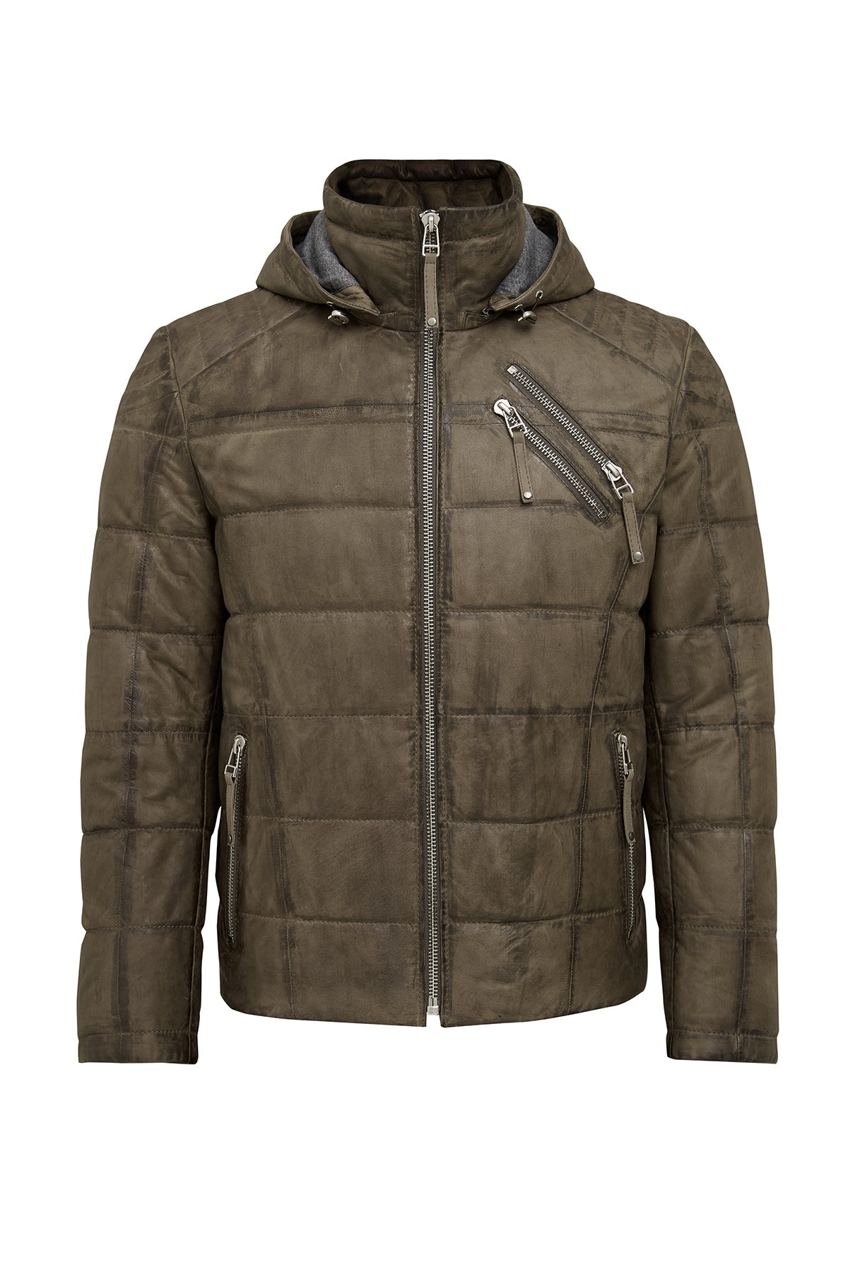 Gridlock – Men's Olive Leather Quilted Hooded Jacket with Double Zip Chest Pocket