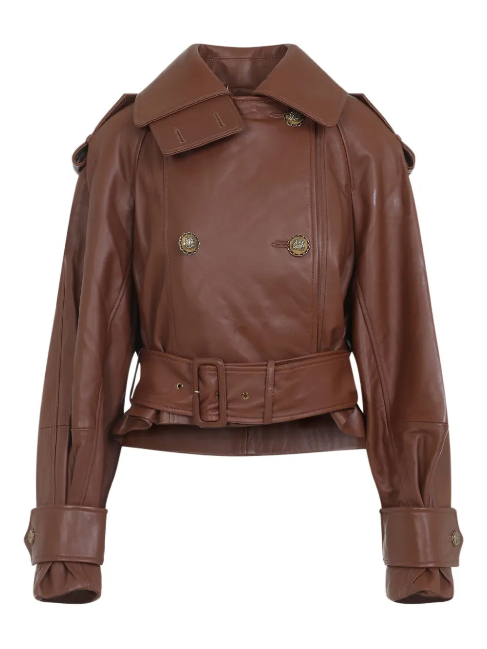 Ayra - Women's Black Leather Double-Breasted Belted Tailored Jacket