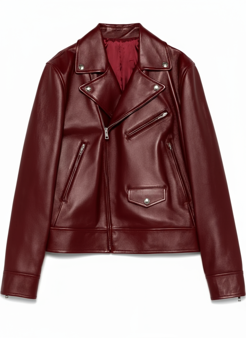 Reva - Women's Blood Red Lambskin Leather Off-Centre Zip Biker Jacket