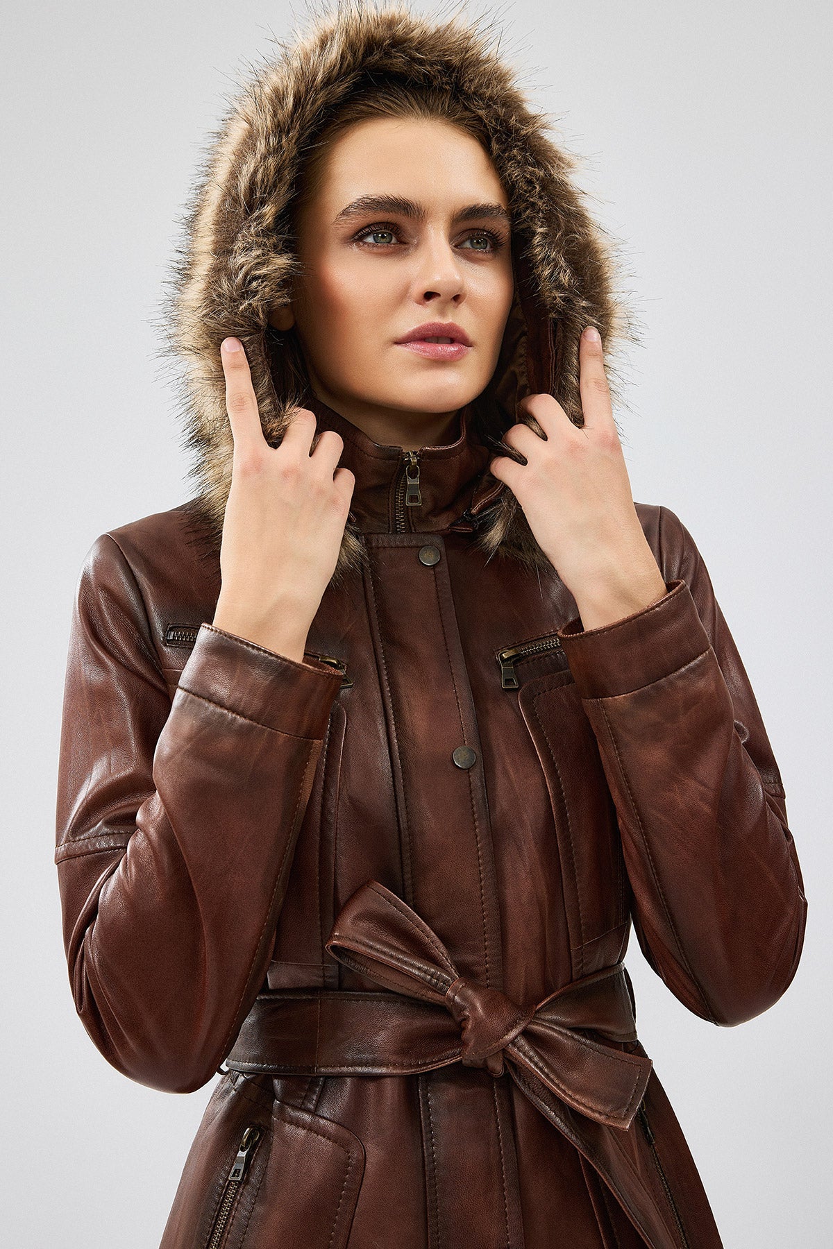 Sable V2 – Women's Brown Leather Belted Jacket with Detachable Fur Hood