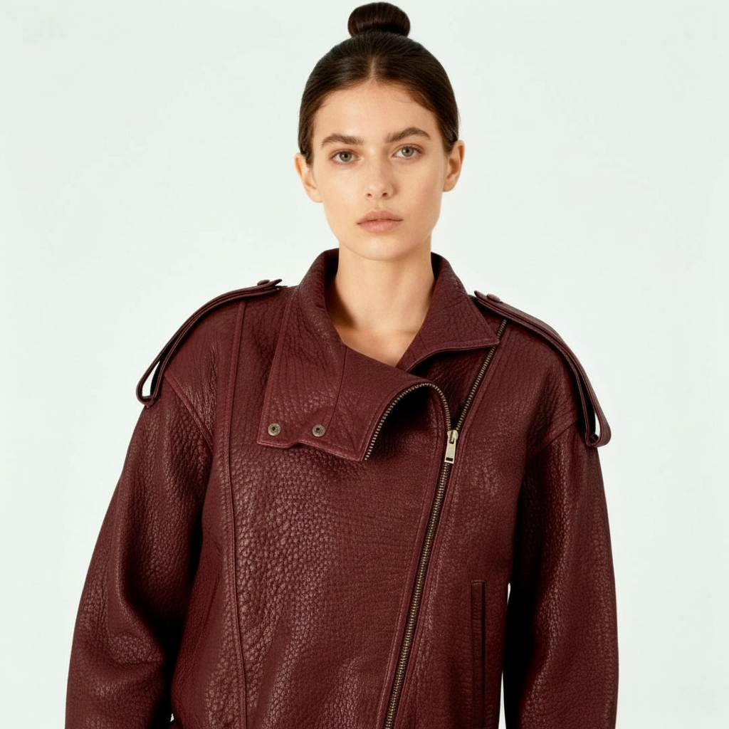 Sable - Women's Burgundy Grained Leather High-Collar Structured Jacket