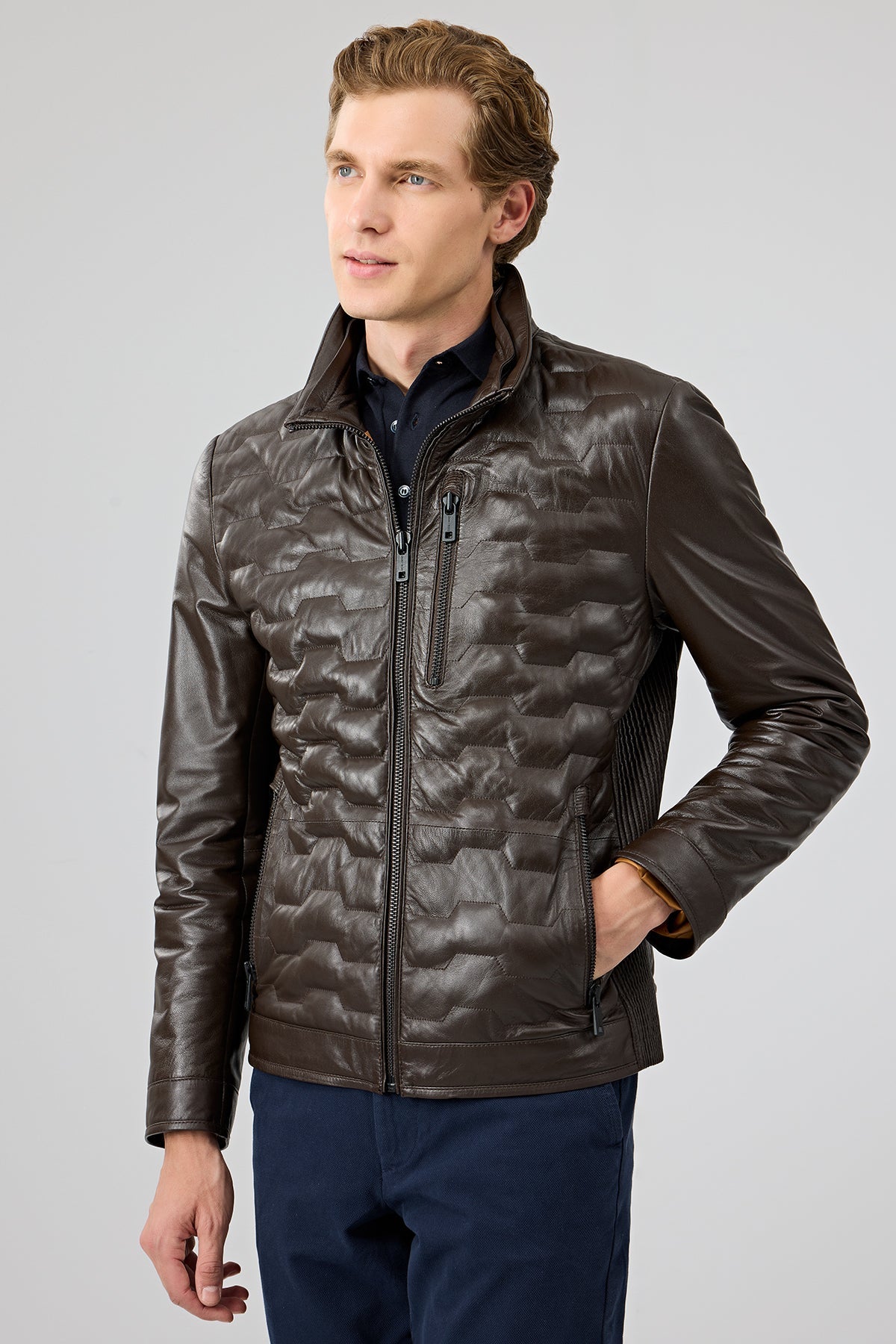 Facet – Men's Brown Leather Jacket with Geometric Quilting & Ribbed Side Panels