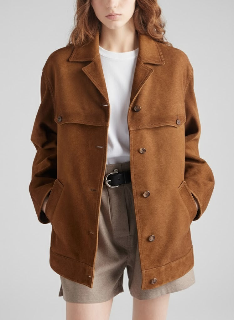 lara - Women's Cognac Suede Leather Chore Coat Shirt Jacket