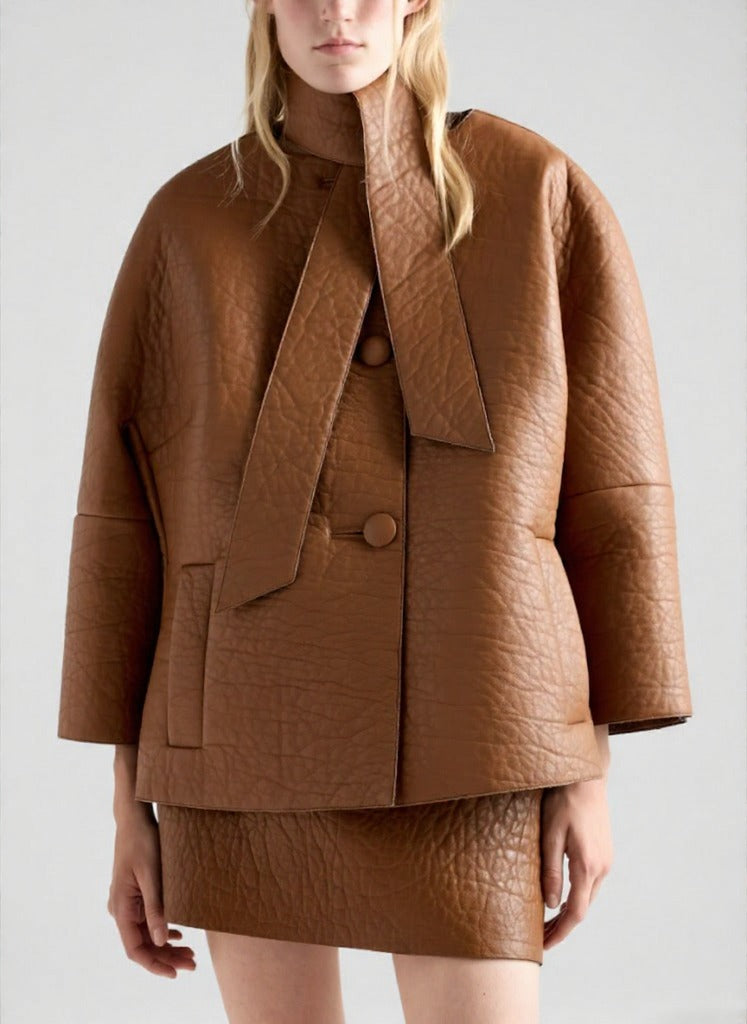 Seraphine - Women's Cognac Textured Leather Cropped Boxy Jacket with Scarf Collar
