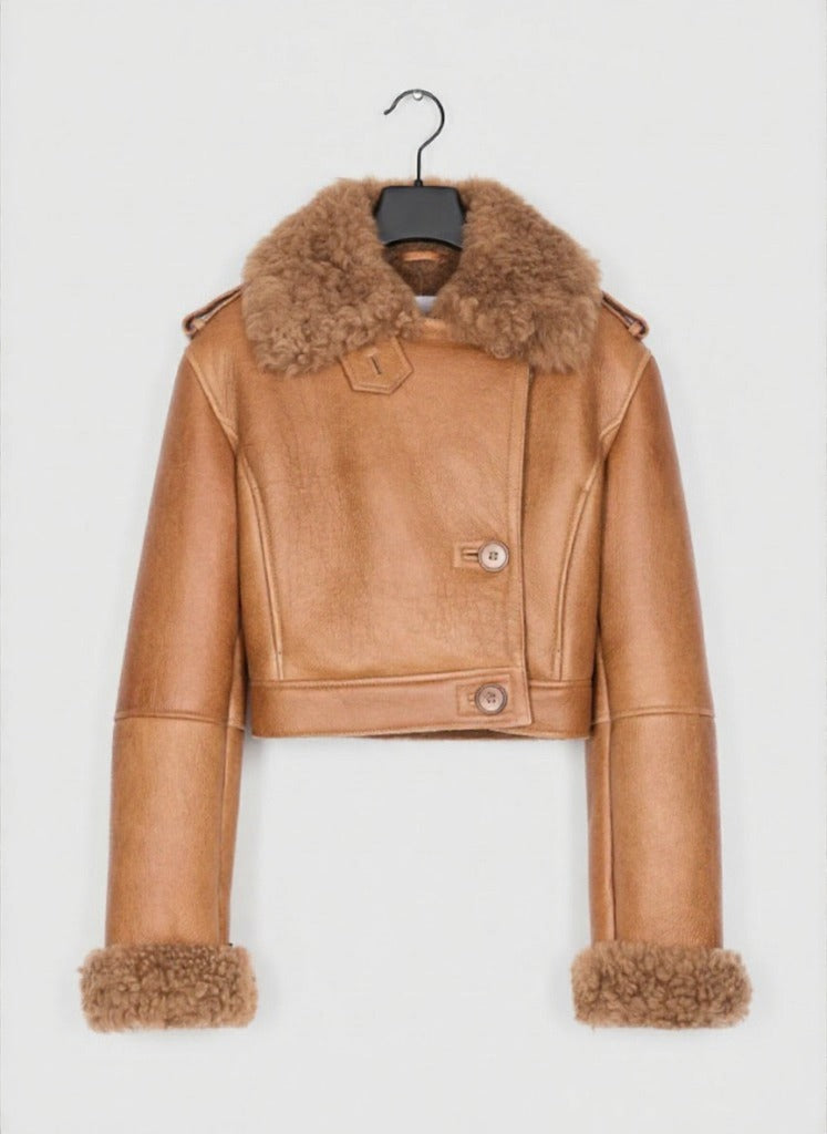 Anya - Women's Tan Leather Cropped Reversible Aviator Jacket with Shearling Lining
