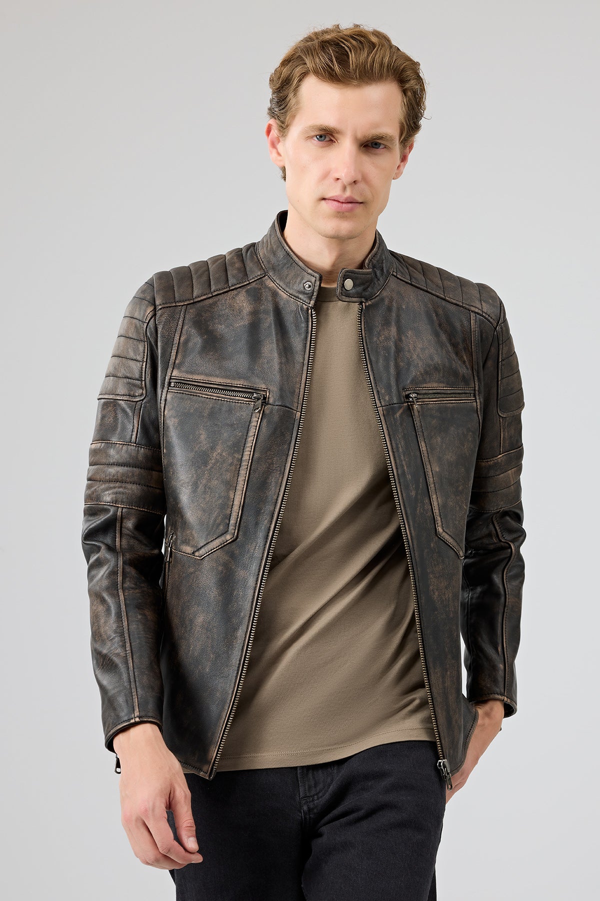 Outlaw – Men's Distressed Brown Leather Biker Jacket with Quilted Shoulders