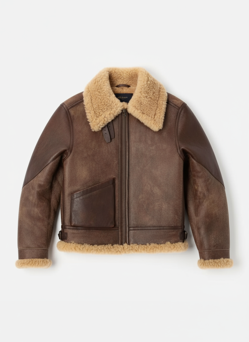 Brynn - Women's Brown Leather Jacket with Shearling Collar and Belted Cuffs