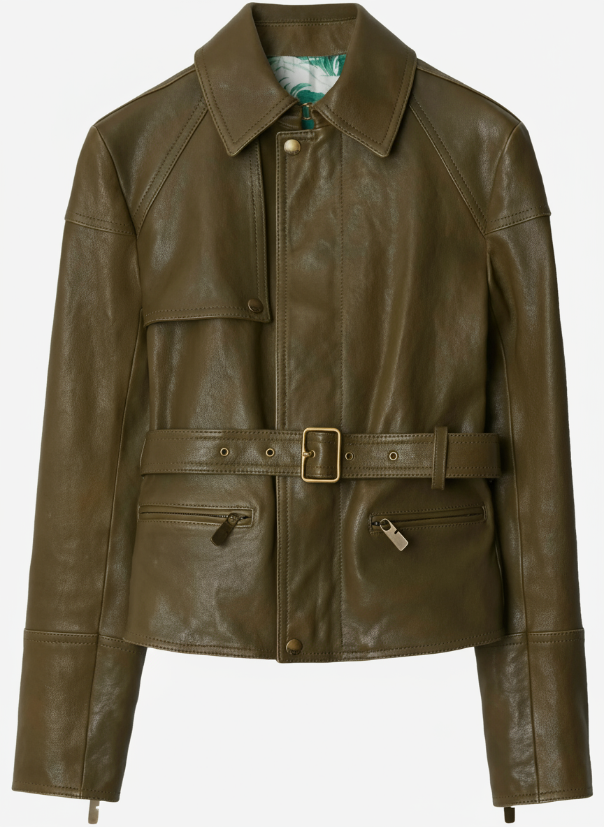 Vivienne - Women's Deep Green Leather Belted Long Coat