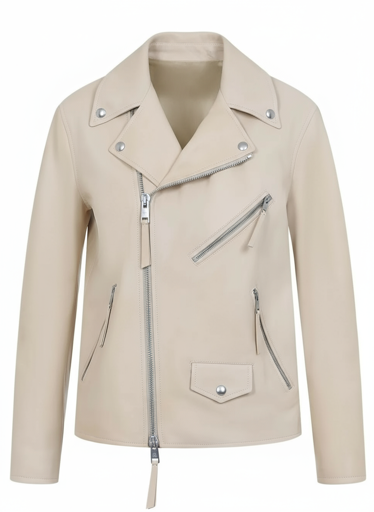 Solene - Women's Sand Beige Lambskin Leather Off-Centre Zip Notch