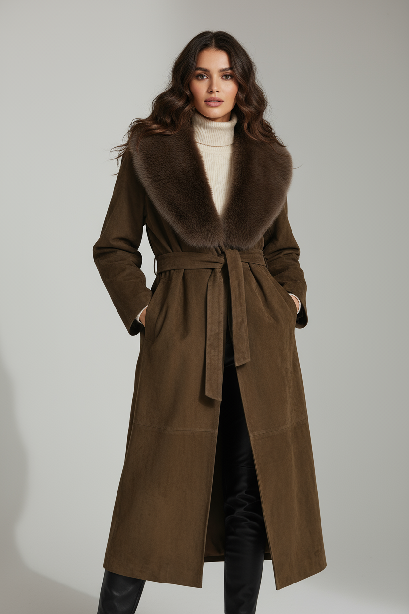 Orla - Women's Olive Green Suede Longline Belted Coat with Removable Shearling Collar