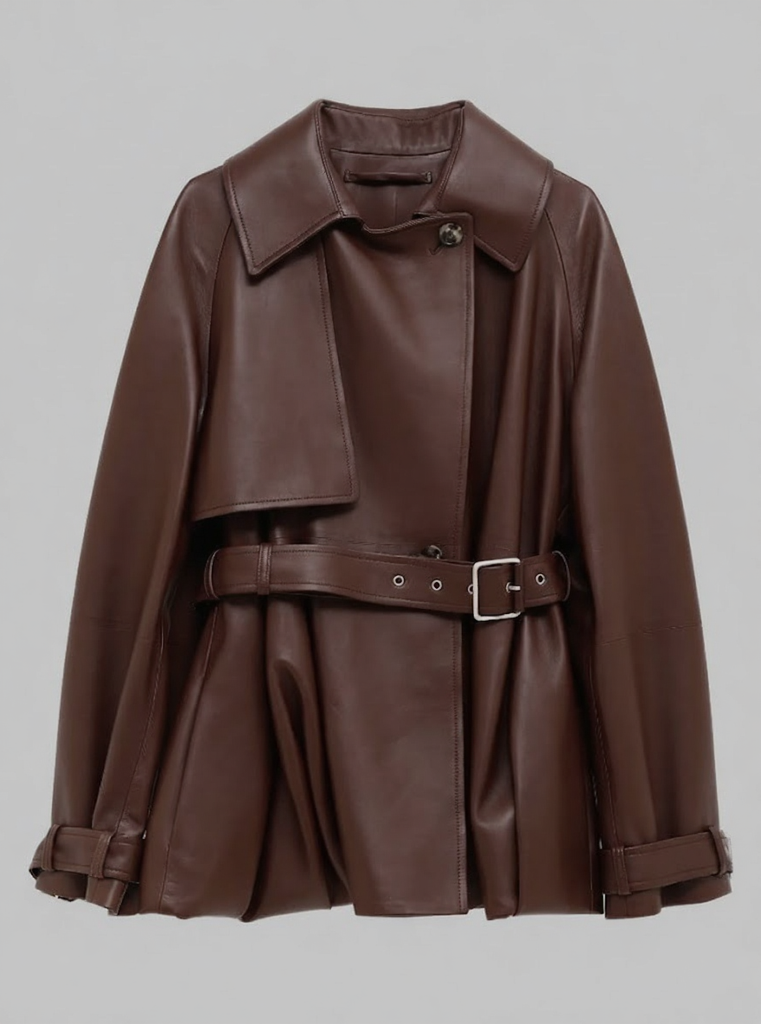 INGEBORG coat ☆ 未使用 Cleste - Women's Chocolate Brown Leather Wide-Lapel Belted Trench