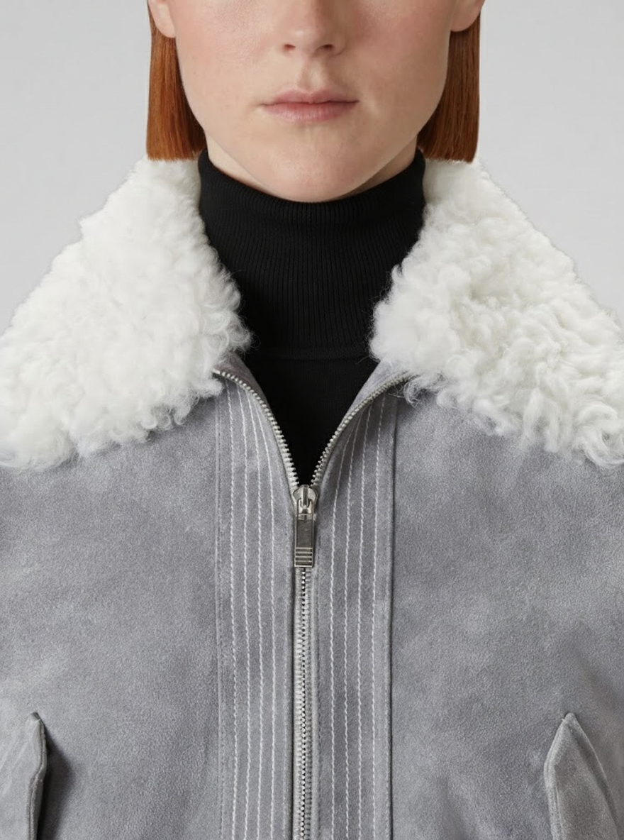 Elegant Grey Shearling Collar Bomber