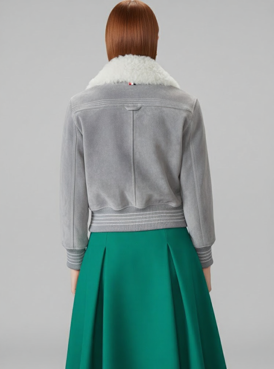 Elegant Grey Shearling Collar Bomber