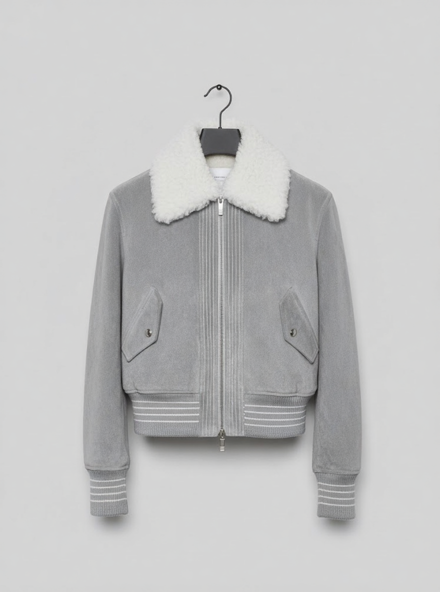 Elegant Grey Shearling Collar Bomber