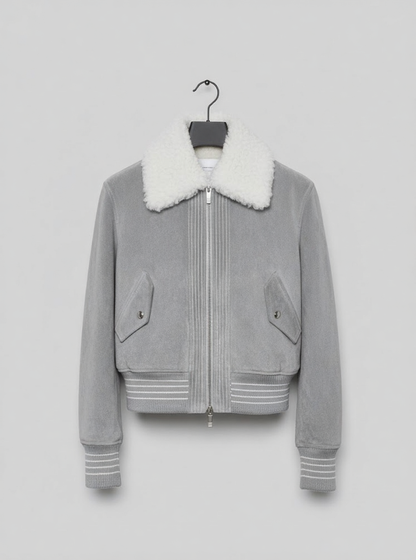 Elegant Grey Shearling Collar Bomber