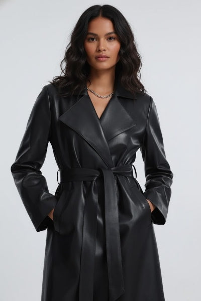 Onyx - Women's Black Leather Longline Self-Tie Wrap Trench Coat