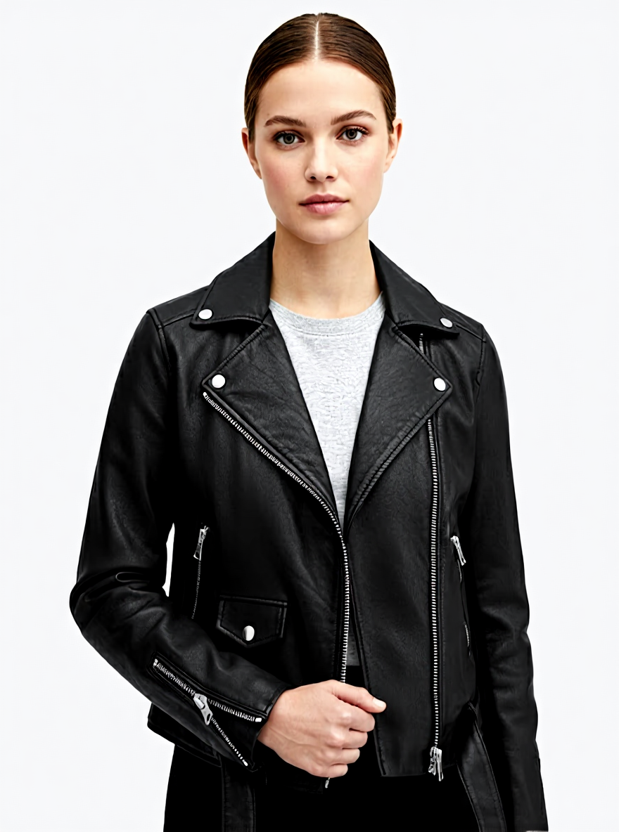 Mireille - Women's Black Faux Leather Quilted Asymmetric Belted Biker Jacket