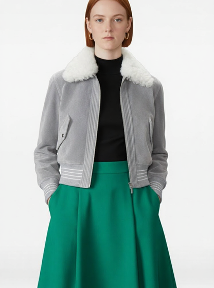 Elegant Grey Shearling Collar Bomber