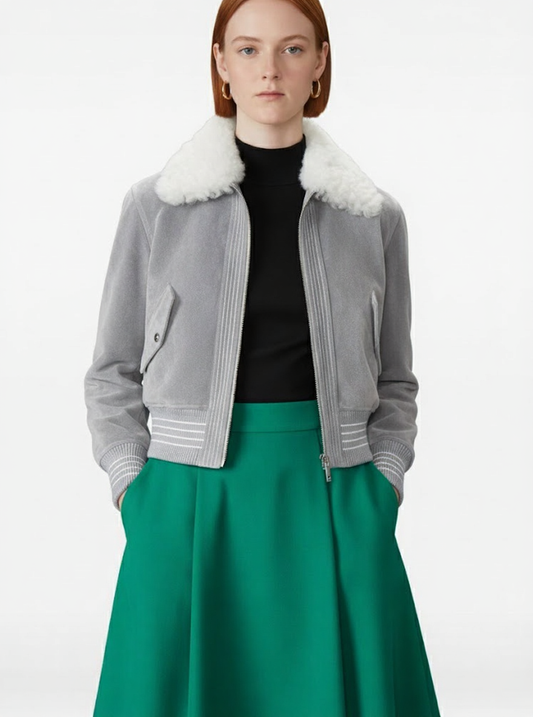 Elegant Grey Shearling Collar Bomber