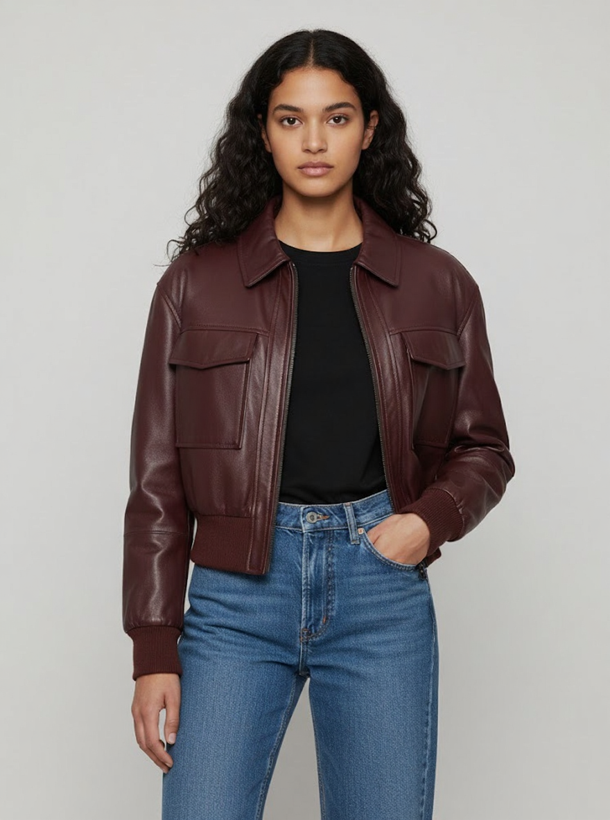 Roselle - Women's Burgundy Leather Cropped Ribbed Bomber Jacket