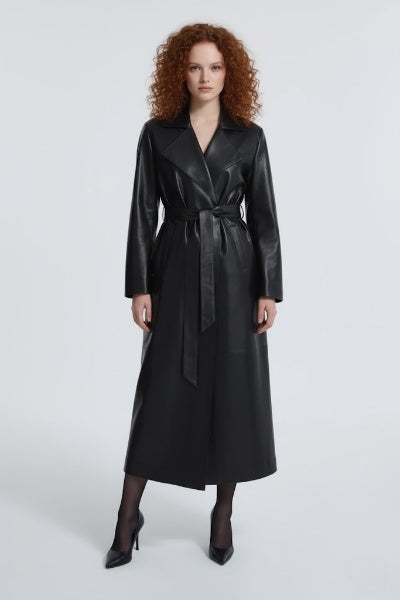 Sleek Black Leather Trench