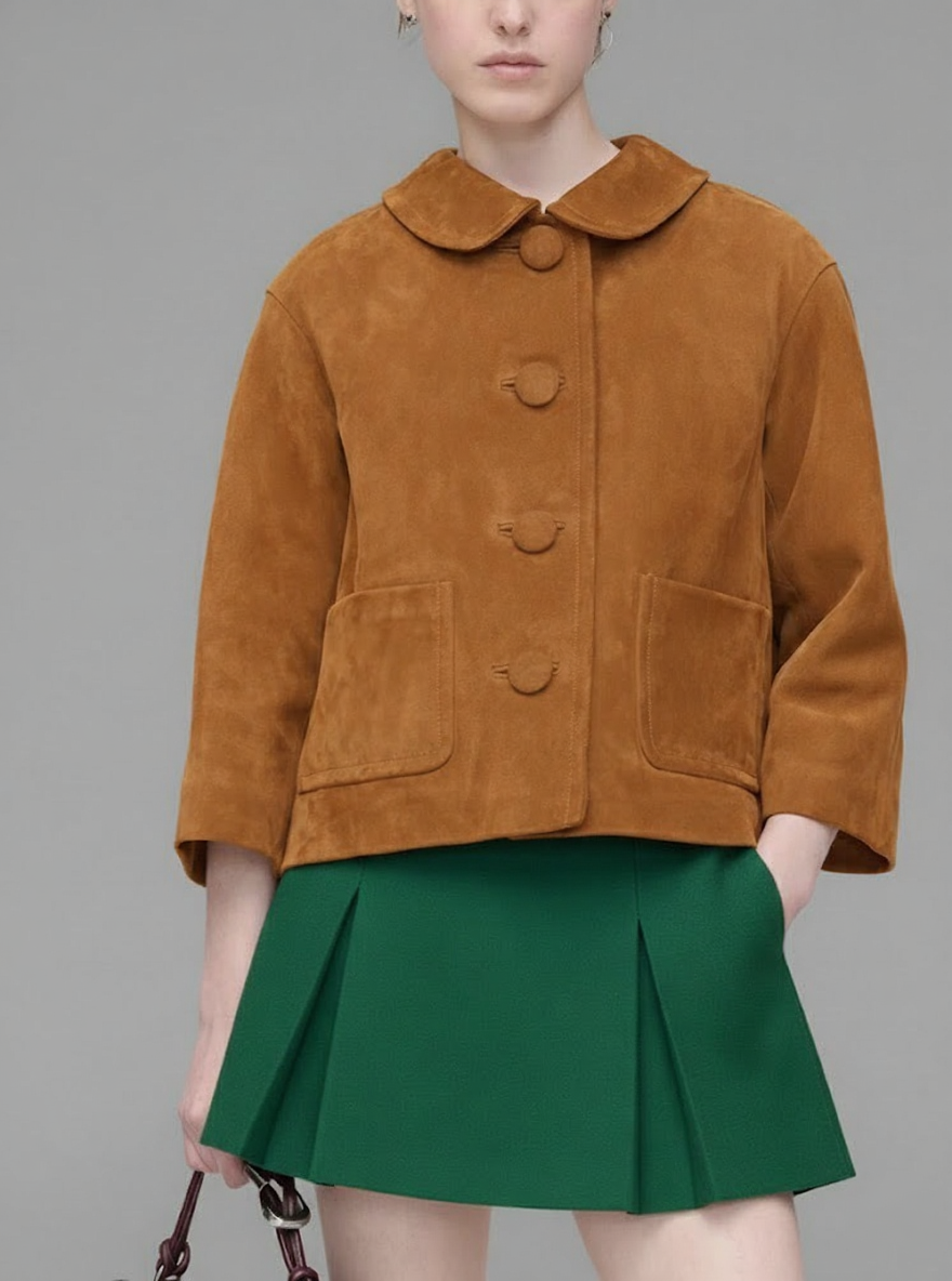 Elara - Women's Camel Suede Cropped Jacket with Peter Pan Collar